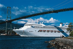 Cruise Ship enroute to Alaska passing under the Lions Gate bridge.