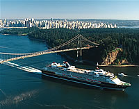 cruise ship going underneath lions gate bridge